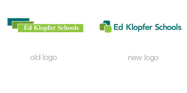 Before and after of Ed Klopfer Schools logo